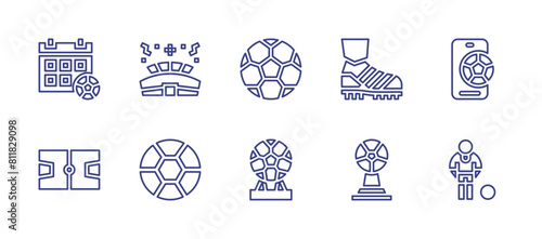 Soccer line icon set. Editable stroke. Vector illustration. Containing soccer field, soccer, soccer ball, smartphone, schedule, football player, stadium, football boots.