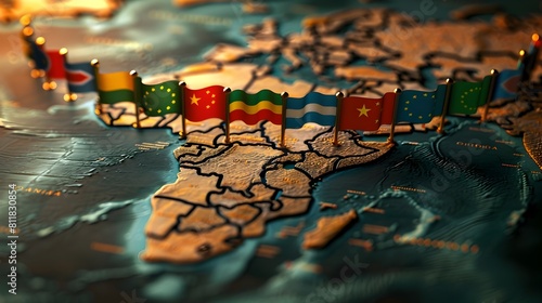 Flagbearers of Growth BRICS Nations Unity on a World Map Symbolizing International and Economic Progress