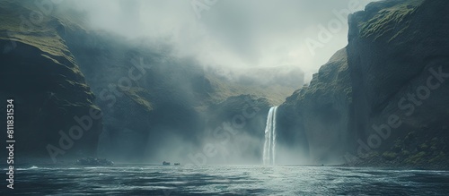 Scenic waterfall in front of a beautiful landscape, created with AI