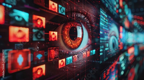 A digital montage featuring a closeup eye shot with superimposed warning alerts about privacy breaches, surrounded by visuals of compromised devices like laptops and phones