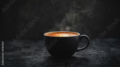 A steaming black coffee cup with latte art sits on a black table. The photo is dark and moody, with plenty of space for adding text.