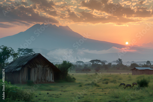 Breathtaking Sunset Over Ugandan Savannah and Impressive Mountain Range