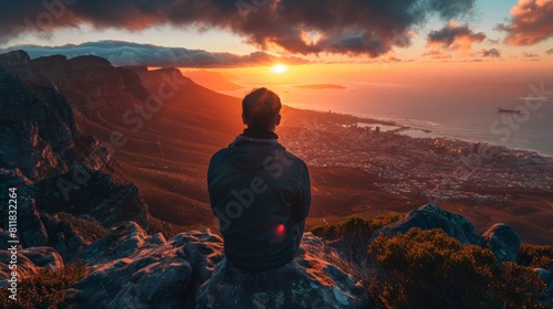 Watching the sunset from the top of Table Mountain in Cape Town South Africa with panoramic views of the city and the Atlantic Ocean stretching into th