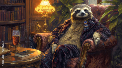 Suave sloth in a velvet smoking jacket, wearing a monocle