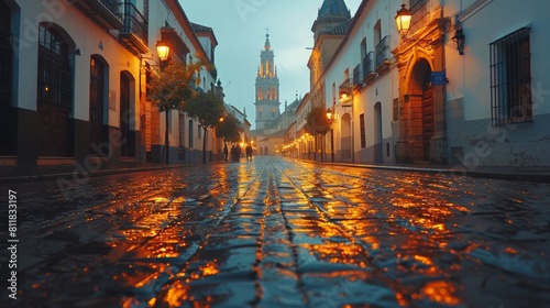 The quiet cobblestone streets of Cordoba Spain in the early morning with the historic Mezquita Cathedral visible in the distance. The city awakens slow