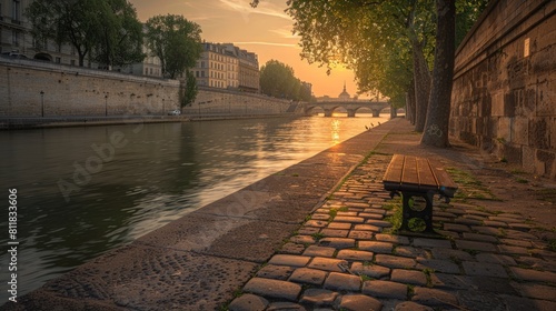 Taking an early morning walk along the Seine River in Paris France enjoying the peaceful ambiance and the warm summer sun as the city awakens.Basils