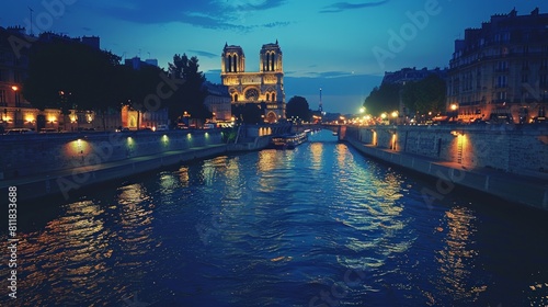 Taking a summer evening cruise along the Seine in Paris enjoying the illuminated landmarks like Notre Dame and the Eiffel Tower as the city lights refl