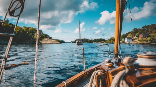 Sailing through the Stockholm archipelago in Sweden exploring the numerous islands with quaint villages and stunning natural landscapes during the warm