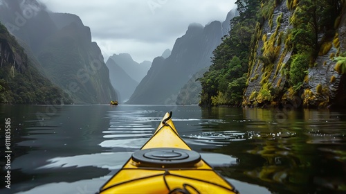 Kayaking through the tranquil waters of Milford Sound in New Zealand surrounded by dramatic cliffs and lush rainforests with occasional sightings of wi