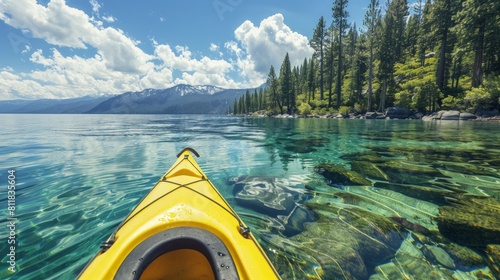 Kayaking along the calm crystal-clear waters of Lake Tahoe USA surrounded by towering pine trees and the Sierra Nevada mountains in the bright summer s