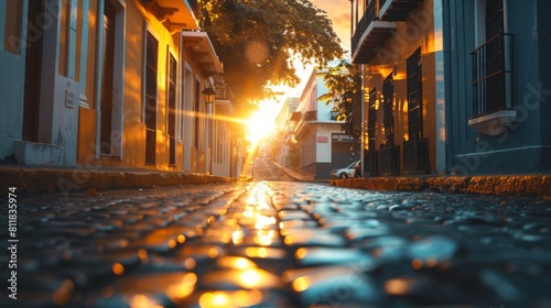 Exploring the sunlit cobbled streets of Old San Juan Puerto Rico with its bright colonial buildings and festive atmosphere during the summer.Basils