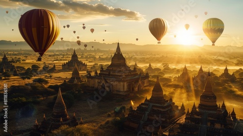 Exploring the ancient temples of Bagan Myanmar at sunrise with hot air balloons dotting the sky above thousands of historic pagodas spread across the l
