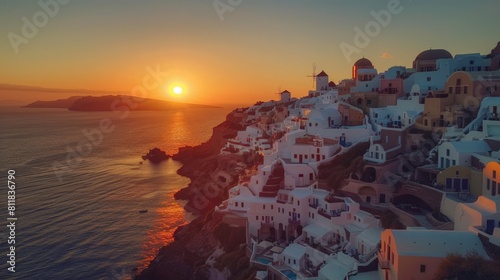 Experiencing the sunset from Oia Santorini with the sun dipping below the horizon illuminating the whitewashed buildings and the Aegean Sea with a warm