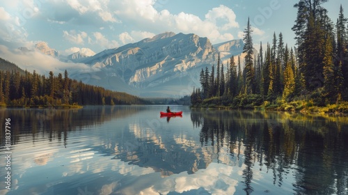Enjoying a serene paddle on the calm waters of Banff National Park in Canada with mirror-like reflections of the surrounding mountains and forests.Basi