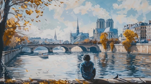 Enjoying a quiet moment by the Seine River in Paris with views of the Notre-Dame Cathedral and historic bridges connecting the citys Rive Gauche and Ri