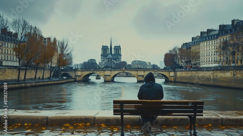 Enjoying a quiet moment by the Seine River in Paris with views of the Notre-Dame Cathedral and historic bridges connecting the citys Rive Gauche and Ri