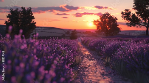 Enjoying a leisurely bike ride through the lavender fields in Provence France with the fragrance of lavender in the air and the summer sun setting in t