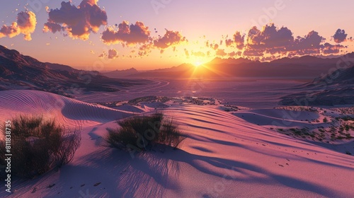 An expansive desert landscape at sunset featuring rolling sand dunes under a vast sky turning shades of orange and purple. Sparse vegetation dots the h
