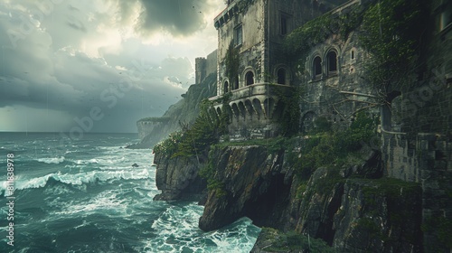 An ancient castle perched on a steep cliff overlooking a turbulent sea. The walls are weathered and covered with ivy and a storm is brewing in the back