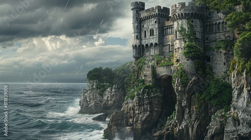 An ancient castle perched on a steep cliff overlooking a turbulent sea. The walls are weathered and covered with ivy and a storm is brewing in the back