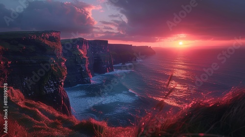 Admiring the sunset over the Cliffs of Moher in Ireland where the Atlantic Ocean meets rugged cliffs creating a dramatic and breathtaking landscape.Bas