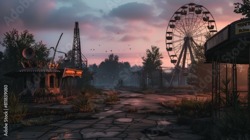 An abandoned amusement park at twilight with rusty rides and overgrown paths. The Ferris wheel stands silent against a dusky sky creating a haunting ye