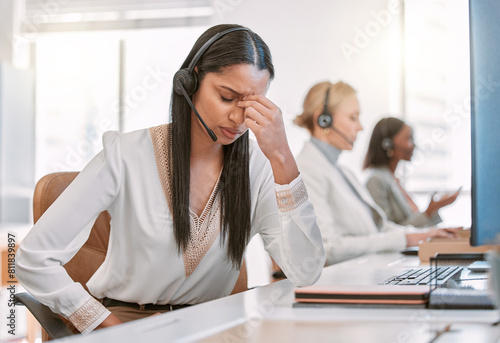 Call center, stress or headache by woman in office consulting in customer service, crm or faq with vertigo. Telecom, burnout or consultant with mistake, fatigue or frustrated by coworking space noise