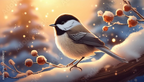 Craft a tale of perseverance as a tiny chickadee braves the winter cold, its cheerful chirps echoing through the frosty air."oiseau, nature, faune, animal, charbonnière