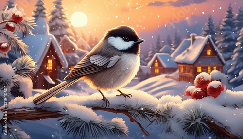 Craft a tale of perseverance as a tiny chickadee braves the winter cold, its cheerful chirps echoing through the frosty air."oiseau, nature, faune, animal, charbonnière