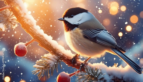 Craft a tale of perseverance as a tiny chickadee braves the winter cold, its cheerful chirps echoing through the frosty air."oiseau, nature, faune, animal, charbonnière