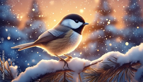 Craft a tale of perseverance as a tiny chickadee braves the winter cold, its cheerful chirps echoing through the frosty air."oiseau, nature, faune, animal, charbonnière