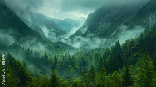 A foggy mountain valley with trees and fog.