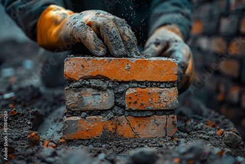 Close-up image of a construction worker's hands placing a brick, with focus on manual labor and craftsmanship