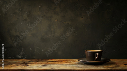 Picture shows a coffee and saucer in dark background. The table is made of wood.