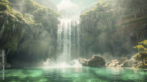 Natural Beauty: A waterfall cascades into an emerald pool