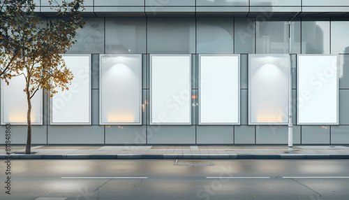 Row of empty billboards on the facade of a modern building, mockup concept, set on a city street backdrop