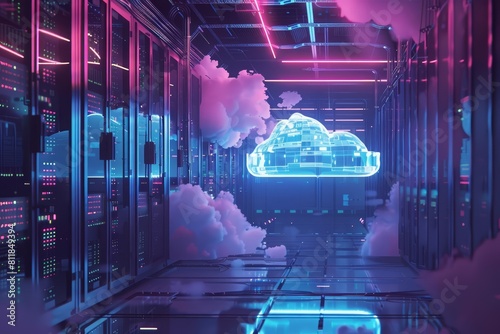 Illustration of cloud computing with hologram, visualized in surrealist art style, placed within a digital data center, banner