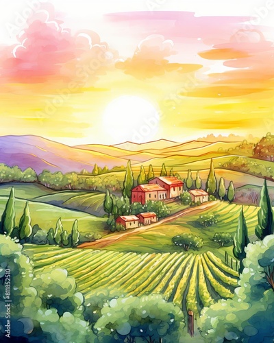 depict a sunset over a vineyard in Tuscany