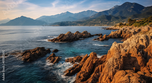 Stunning coastal view of french riviera, rocky cliffs overlooking the sea, with mountains in background, summer day