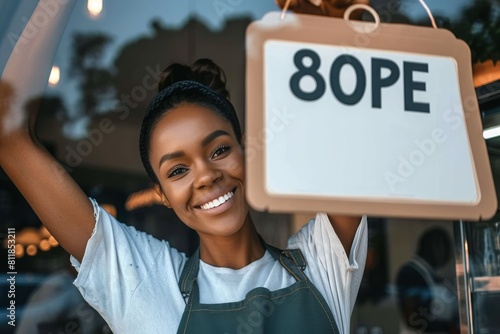 happy business owner hanging an open sign at a cafe