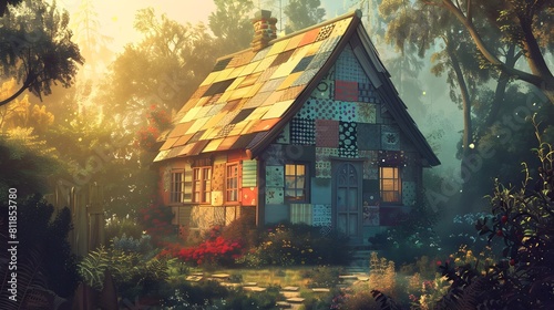 Charming Rustic Cottage in Whimsical Forest Landscape with Vibrant Autumn Colors and Warm Sunset Lighting