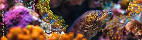 Focus on a stealthy moray eel peeking out from its rocky hideout in a beautiful coral reef background