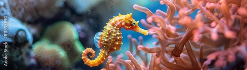 Focus on a tiny seahorse clinging to a swaying sea fan in a beautiful underwater garden background