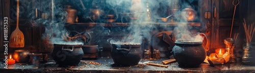 Witch s kitchen with bubbling cauldrons and magical spells, highspeed macro style