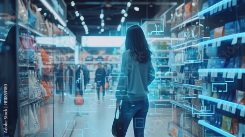 Skilled people using VR headset to connect in metaverse shopping mall and choosing product. Smart people walking in simulated shopping center while using visual reality goggles. Innovation. AIG42.