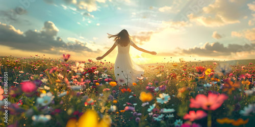 Back View of a Young Girl Embracing Life While Standing in a Field of Flowers with her Arms Raised High, celebration of freedom 