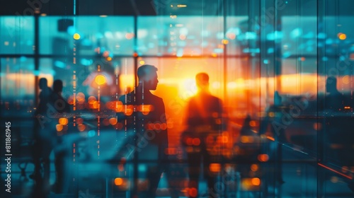 Silhouettes of coworkers against the backdrop of a warm, glowing sunset viewed through the glass walls of a contemporary office space.