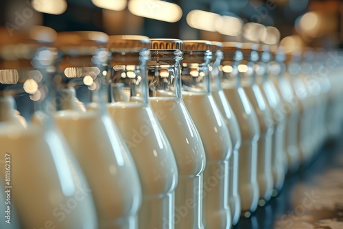 A line of glass milk bottles filled with fresh milk, captured in a warm and inviting industrial setting