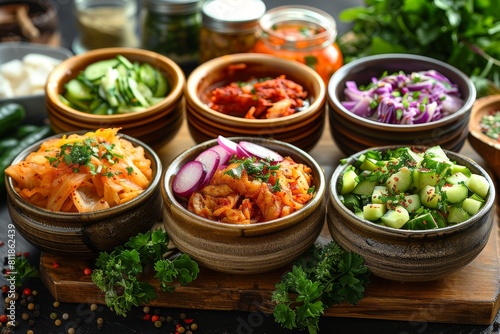 An array of traditional Korean kimchi varieties served in ceramic bowls, accented with fresh vegetables and herbs