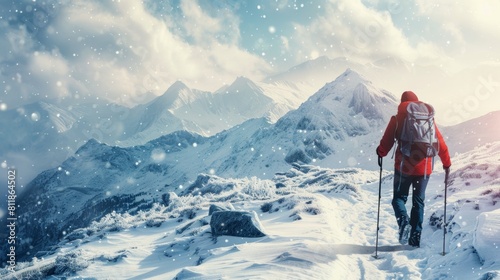 Lone adventurer hikes up a snowy mountain trail